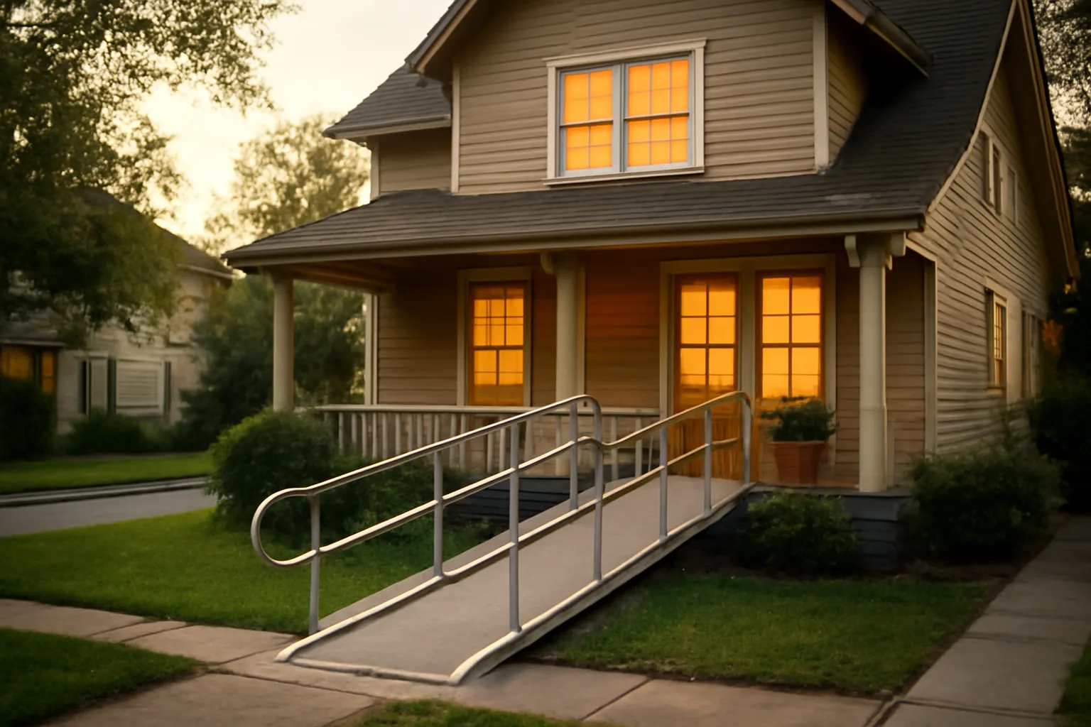 Assisted living housing in a residential neighborhood with a wheelchair ramp at dusk