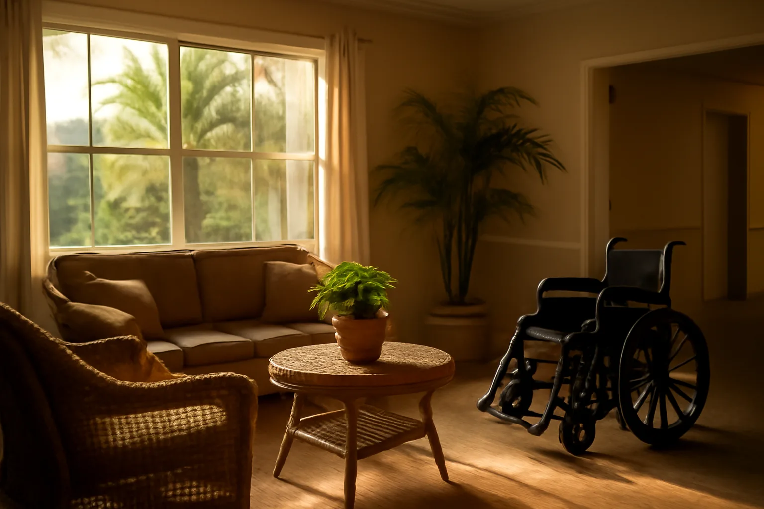 Sunlit common room in a Florida assisted living facility with palms and an empty wheelchair