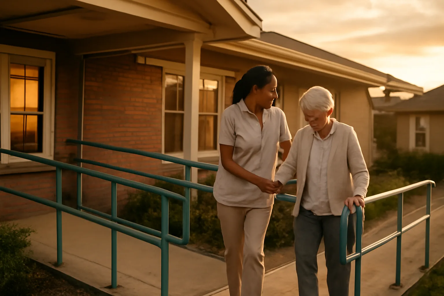 Caregiver assisting a senior resident down a ramp outside a licensed assisted living home