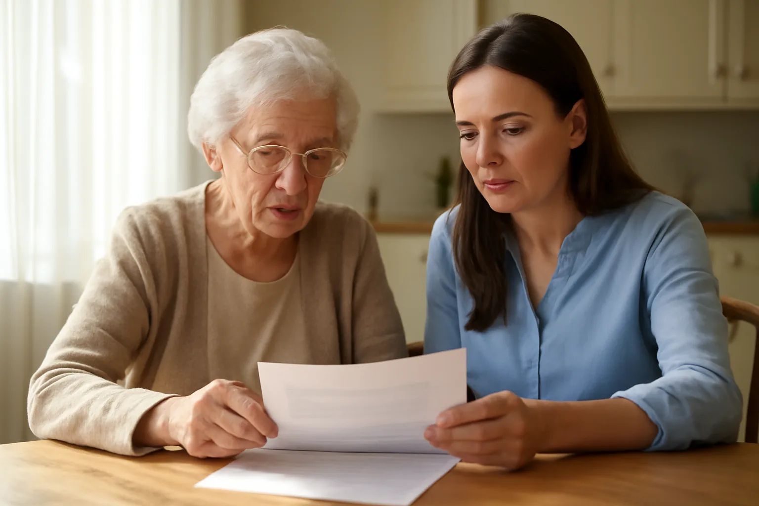 Senior and caregiver reviewing assisted living documents at kitchen table