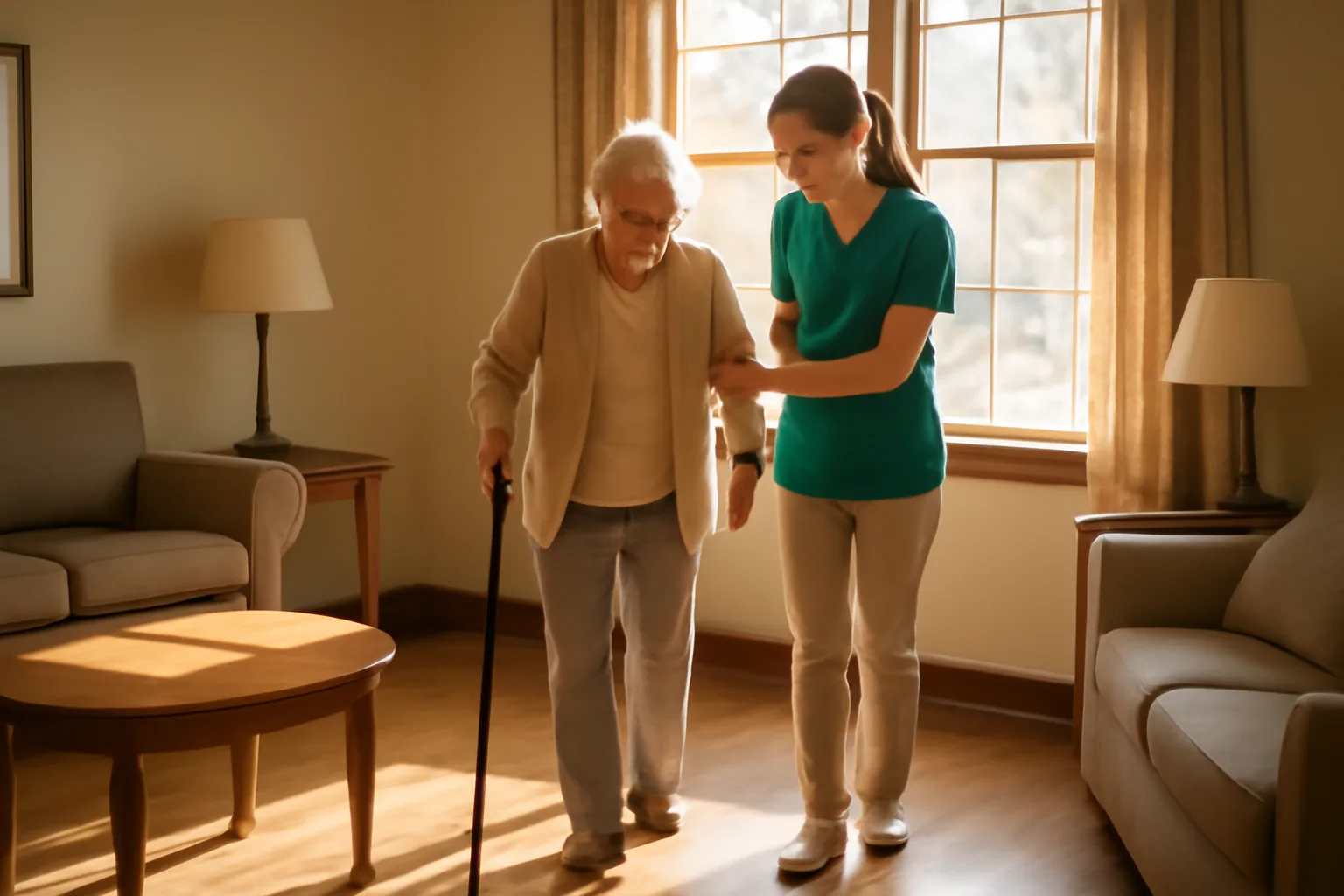 Caregiver assisting an older adult in a sunlit Minnesota assisted living common room