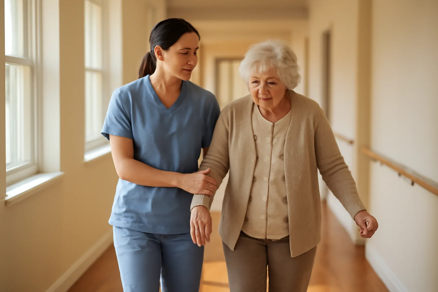Caregiver assisting elderly resident walking down bright assisted living hallway