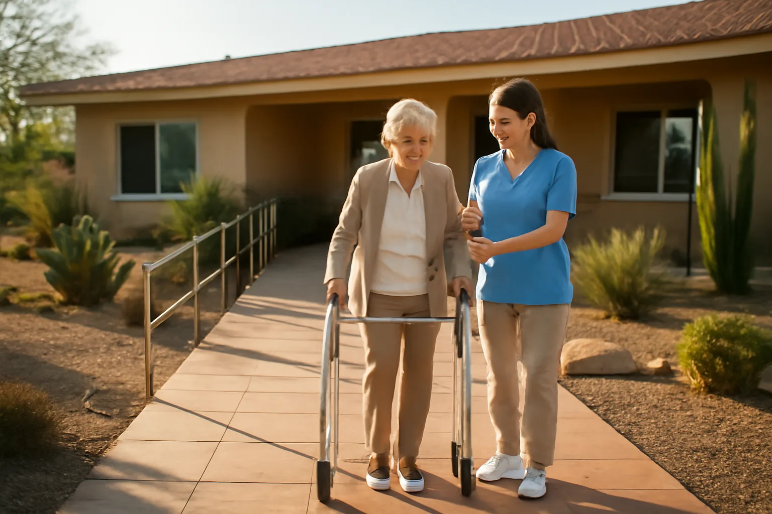 Arizona ranch-style assisted living home with ramp and caregiver assisting a resident outdoors