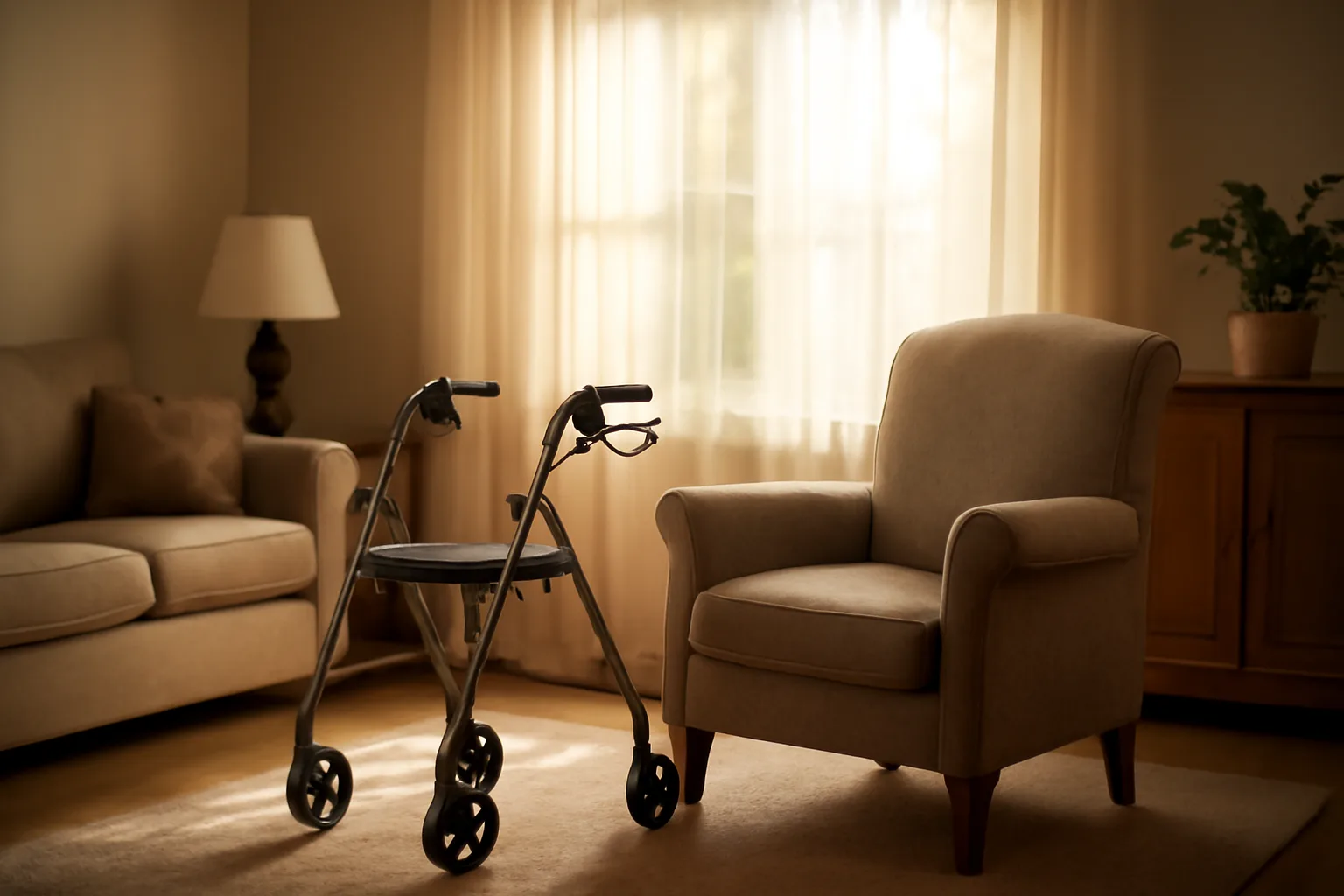 Living room in a licensed assisted living group home with an empty armchair and walker