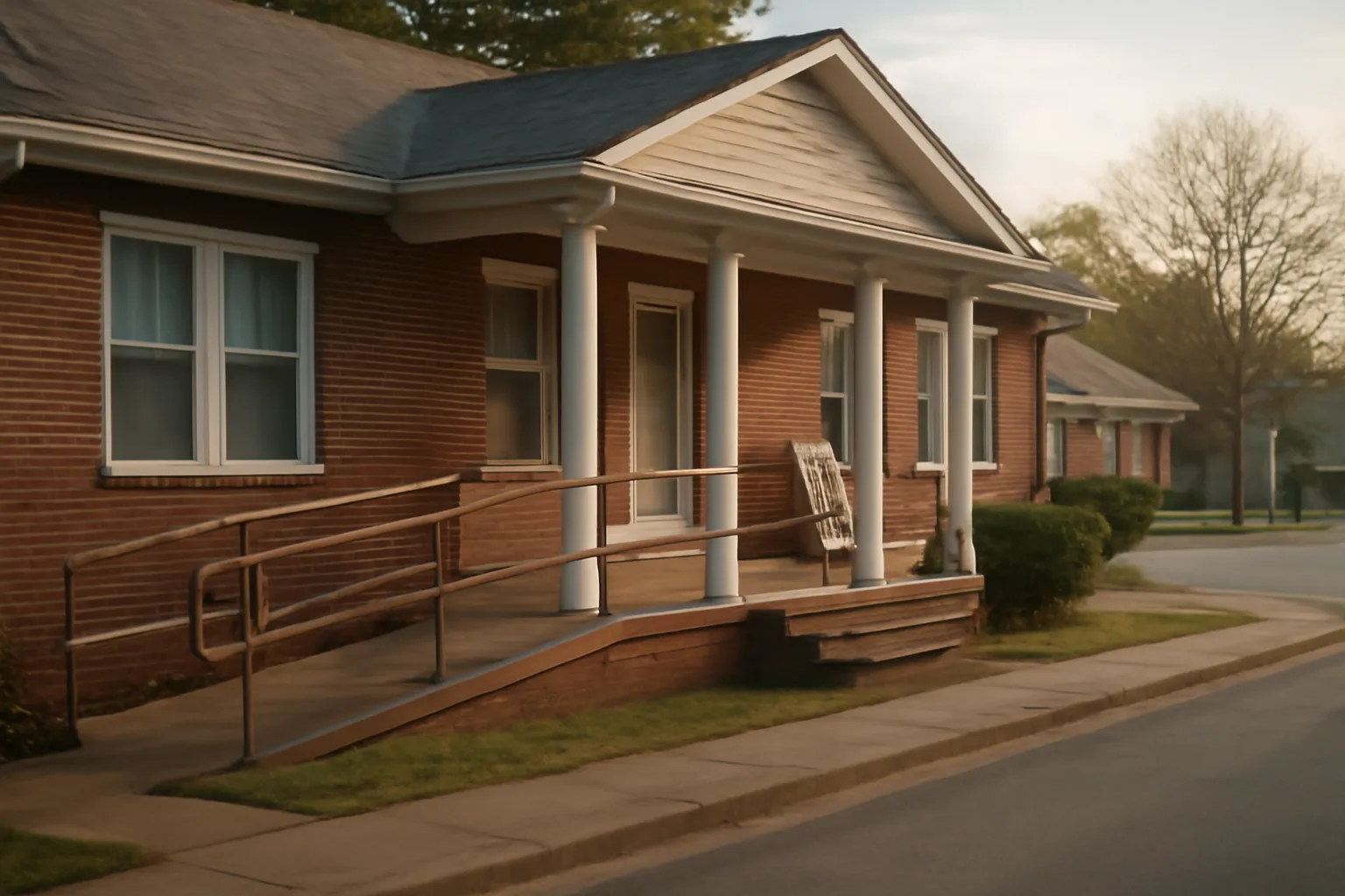 Brick assisted living building with ramp and porch rocking chairs in Martin, TN