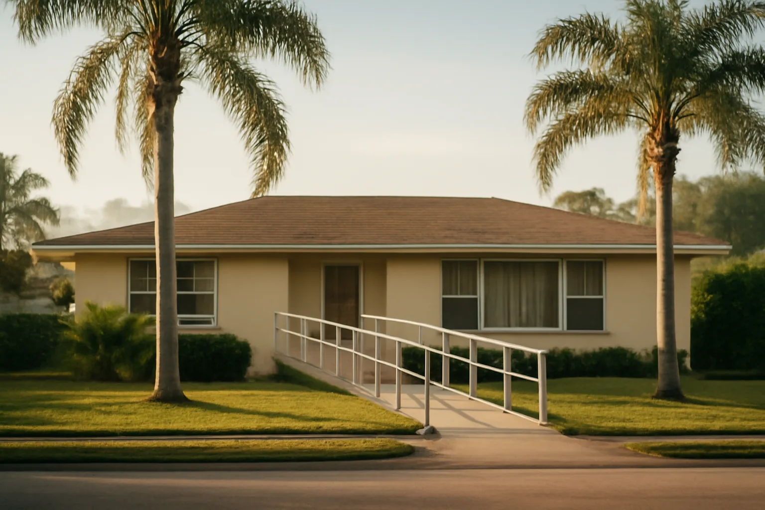Single-story Florida assisted living home with palm trees in morning light