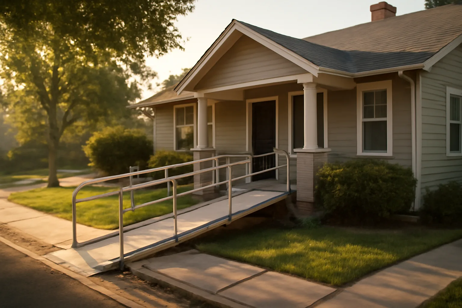 Residential house with wheelchair ramp used as a small elderly care home
