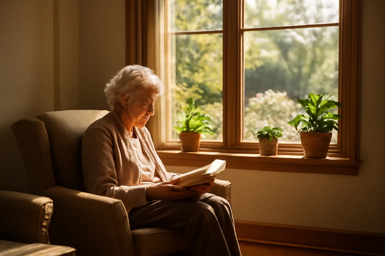 Senior woman reading in bright assisted living common room in California