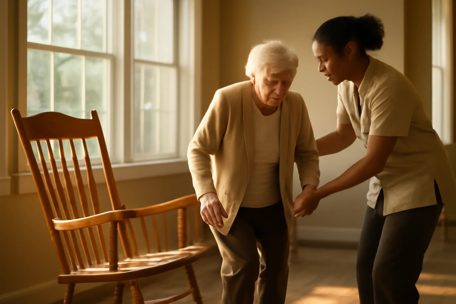 Caregiver helping an elderly resident in a sunlit Virginia assisted living common room
