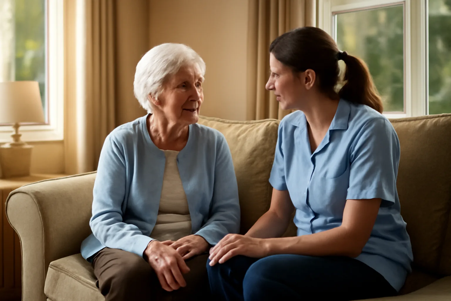 Caregiver and elderly resident talking in a sunlit residential care home living room