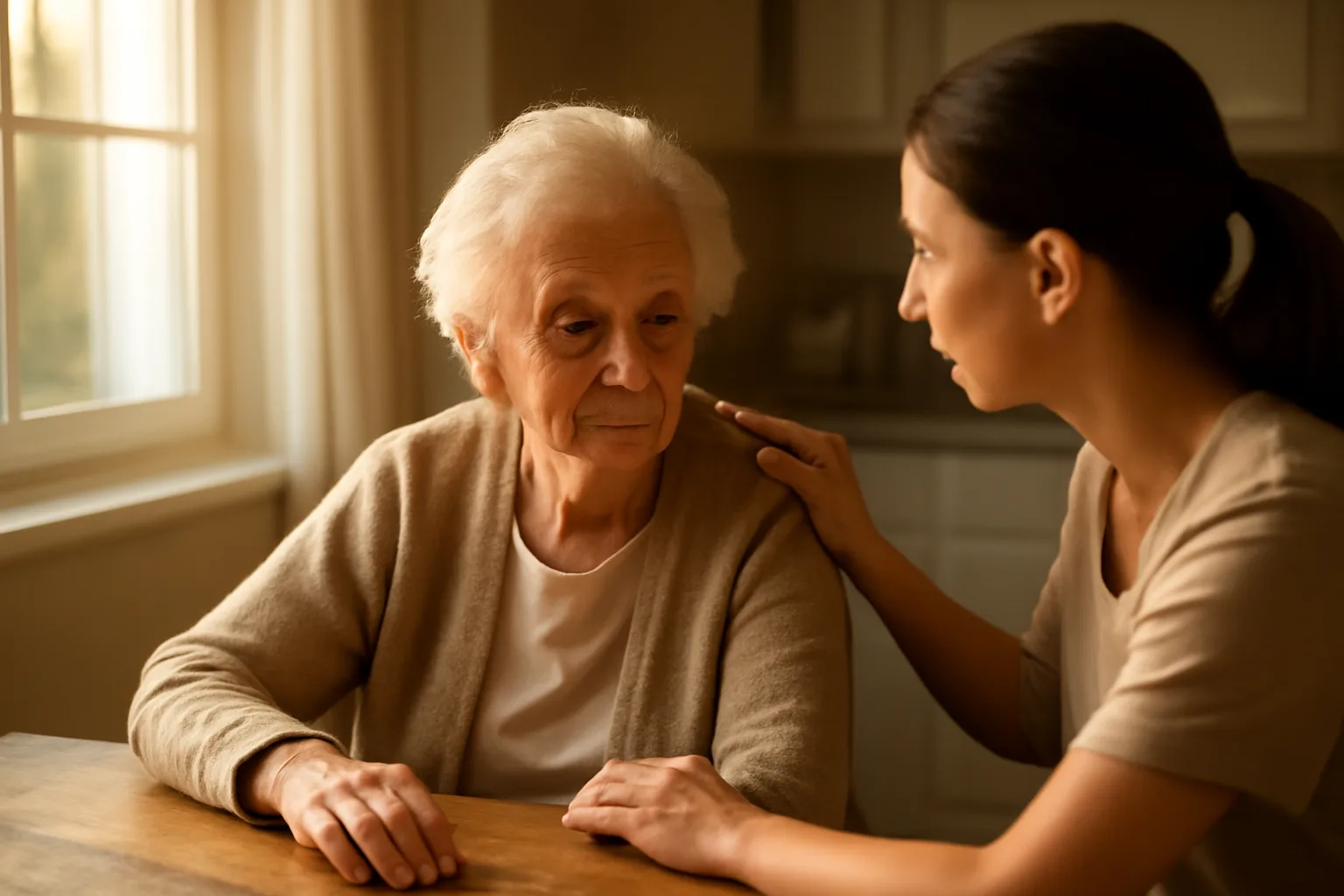 Caregiver and elderly resident sitting together in a homelike residential care setting
