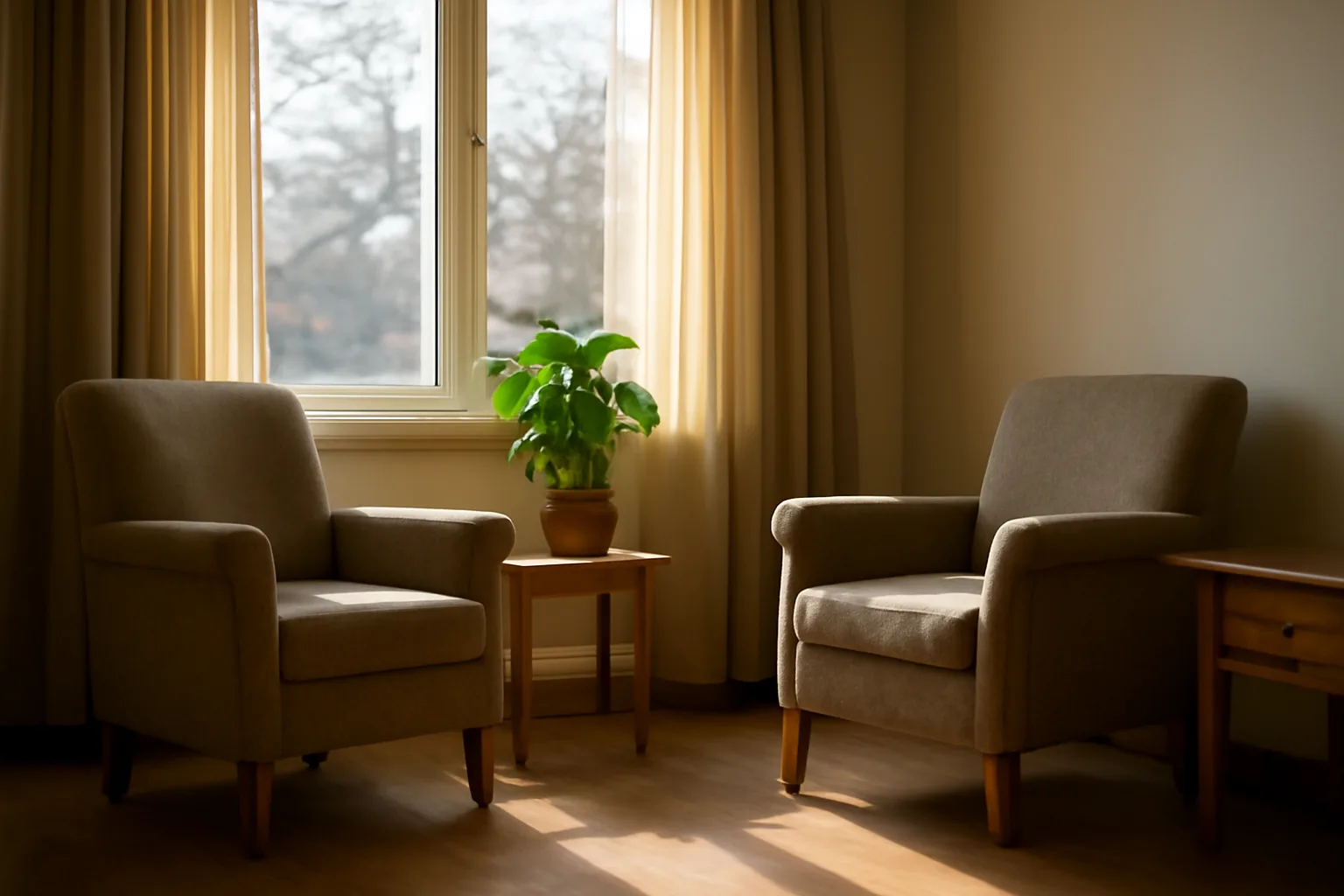 Sunlit common room showing what assisted living looks like inside a residential home