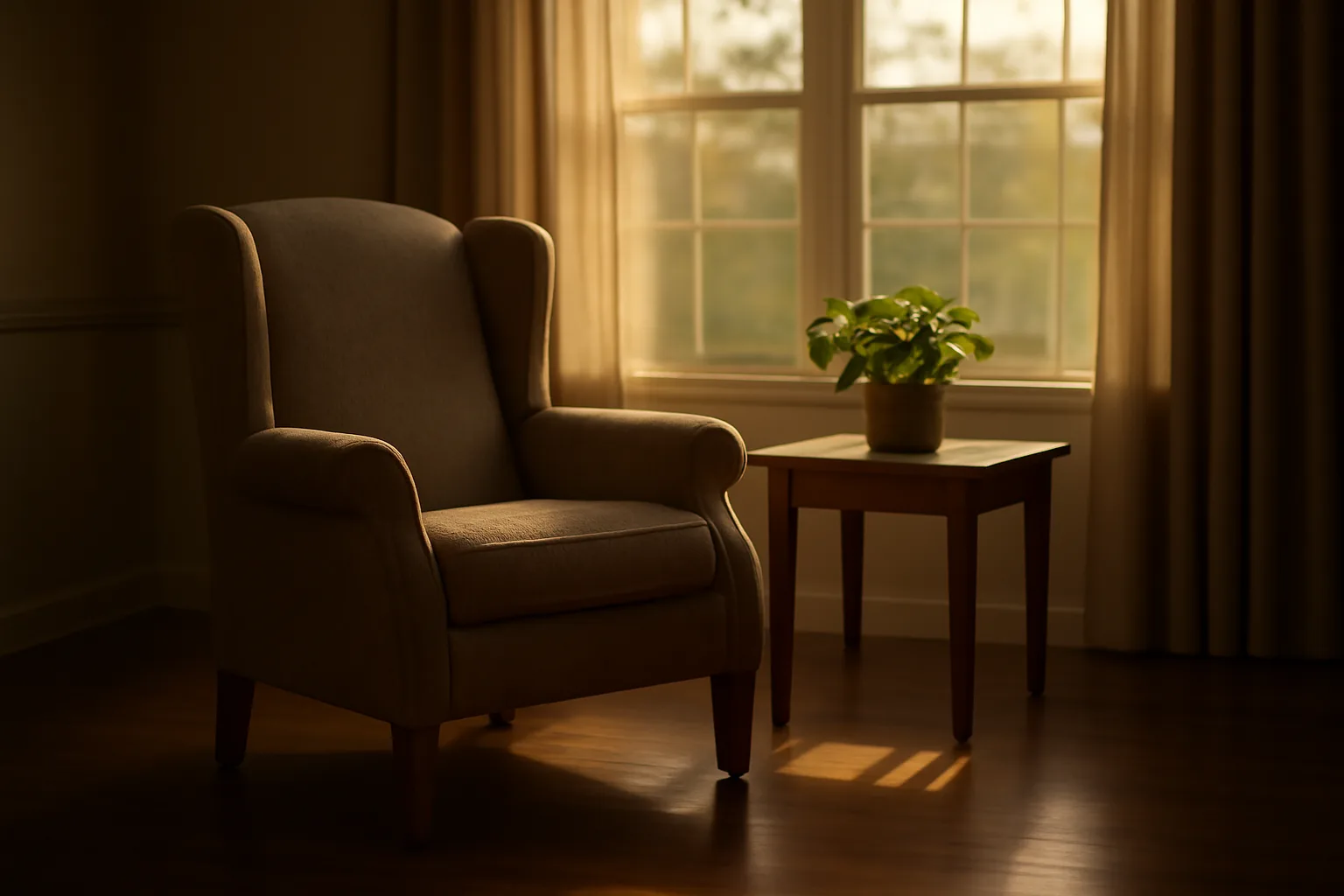 Sunlit common room chair in a Florida assisted living residential facility