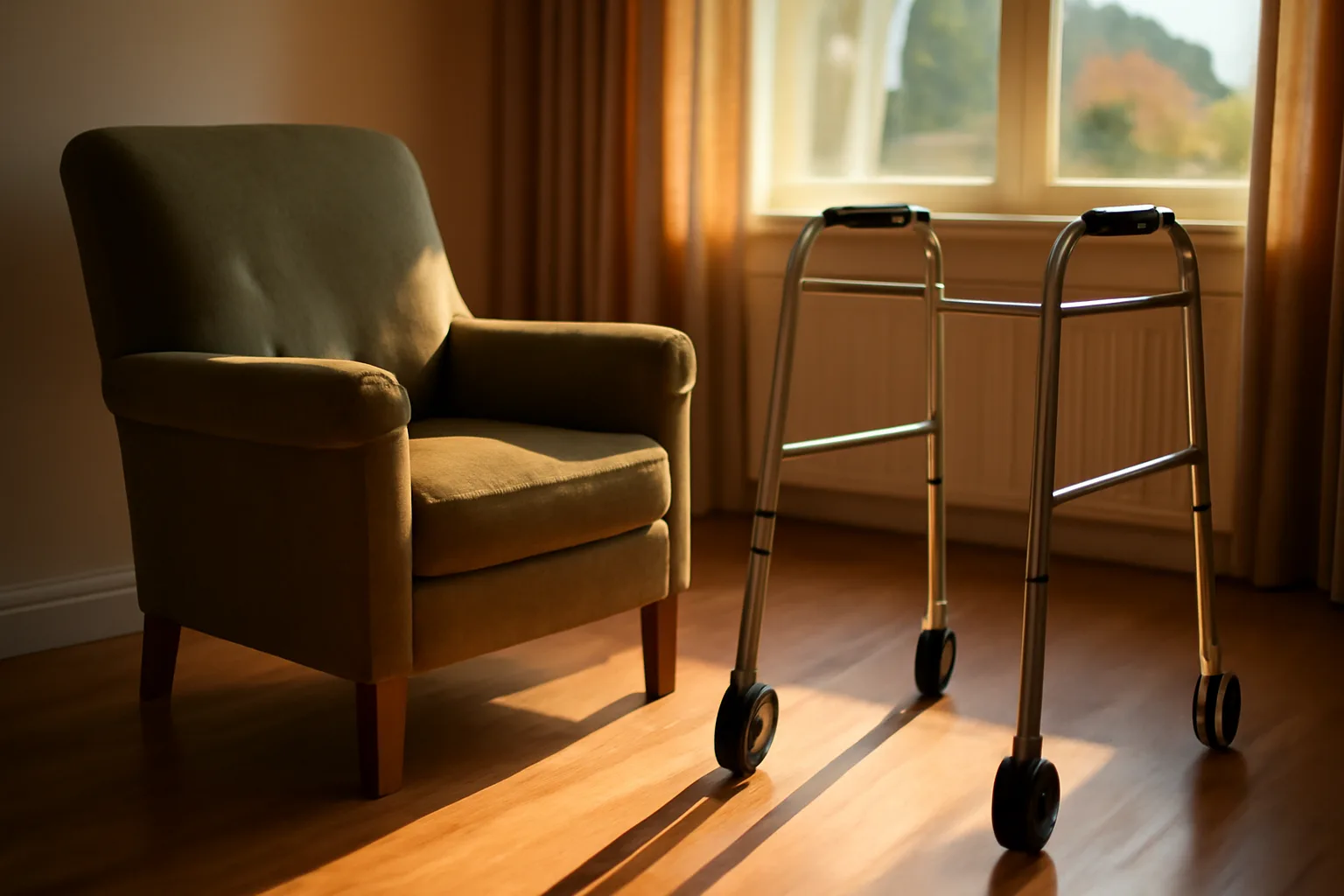 Sunlit living room in a small residential assisted living home with an empty armchair and walker