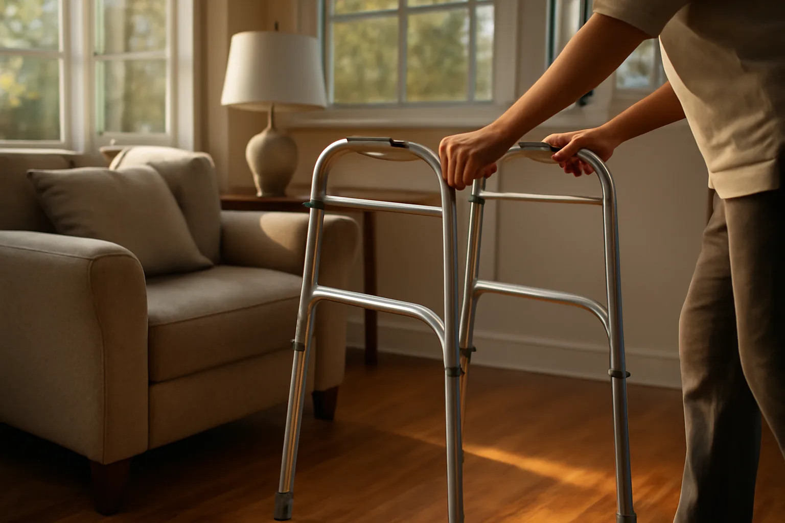 Sunlit living room in a licensed California assisted living home with a walker beside a chair