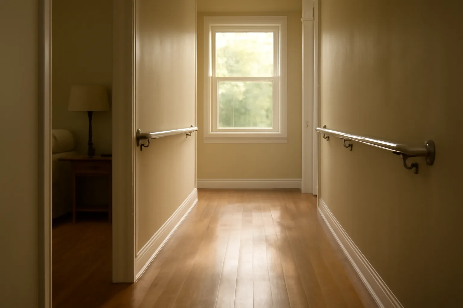 Hallway with grab bars inside a California residential care home setting