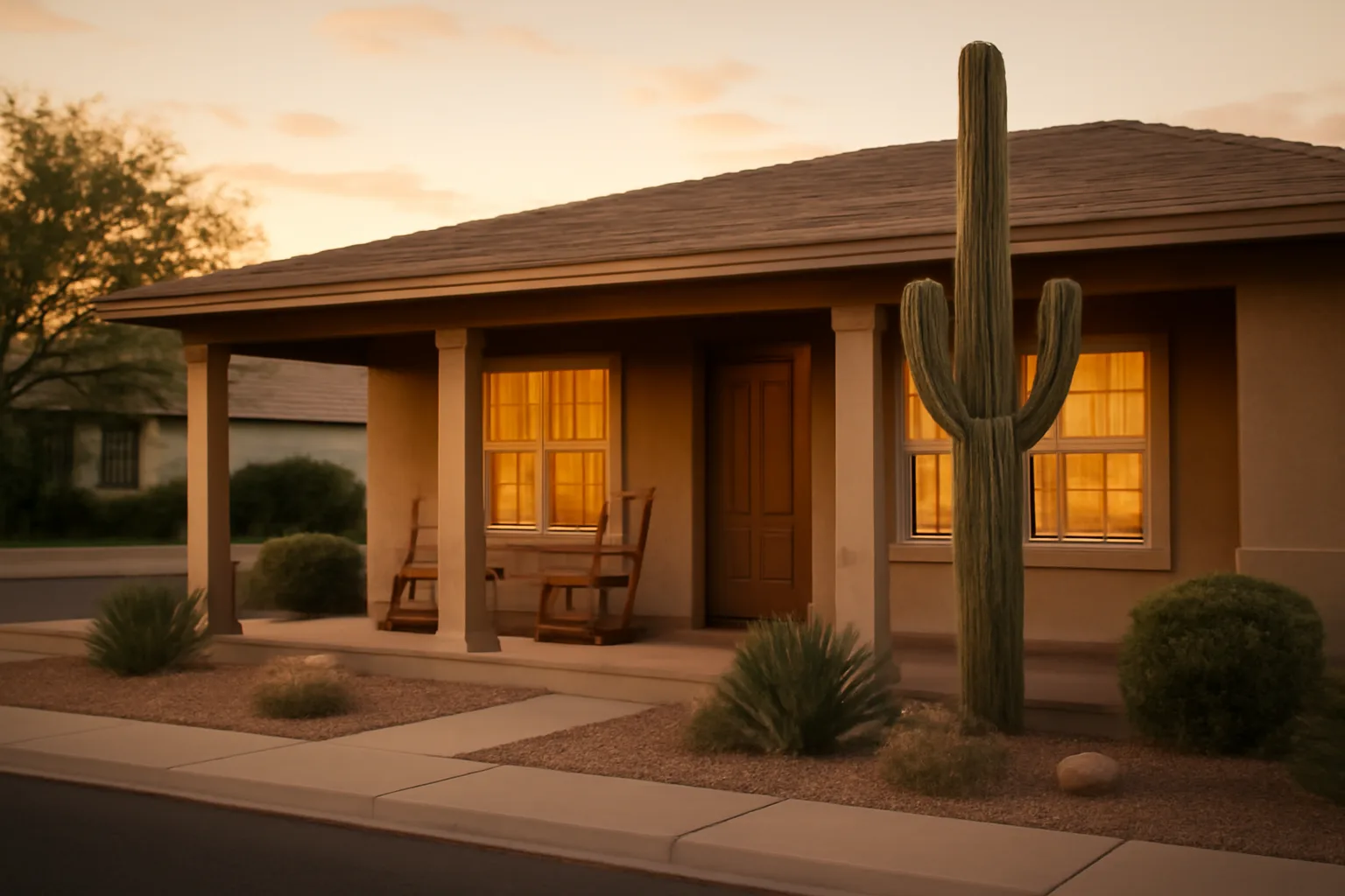 Home-style residential assisted living house exterior at sunset with desert landscaping