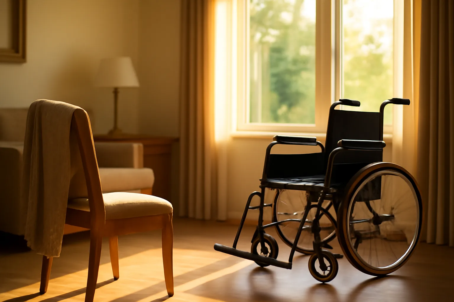 Sunlit common room in an assisted living facility with empty wheelchair by window