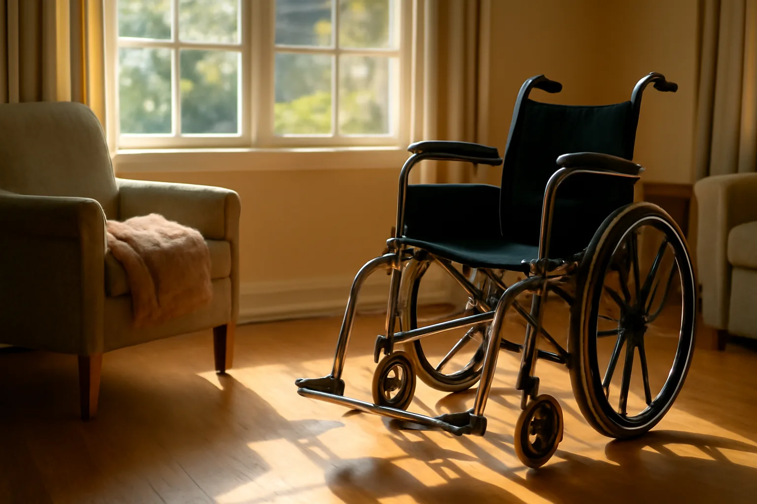 Empty sunlit common room in a licensed assisted living residence with wheelchair and armchair