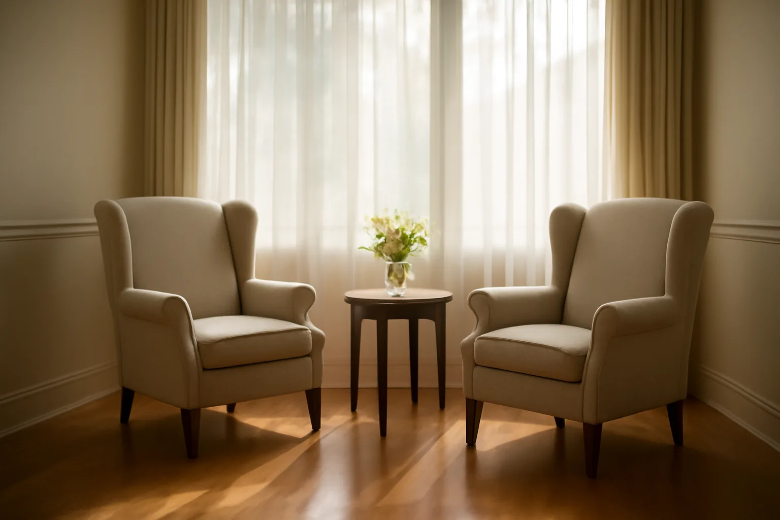 Bright assisted living common room with armchairs and natural light in Colorado