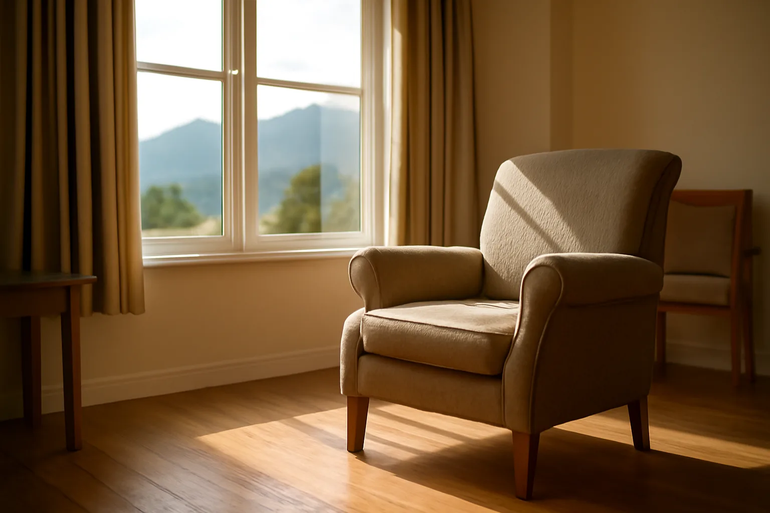 Sunlit common room in a Colorado assisted living residence with mountain view