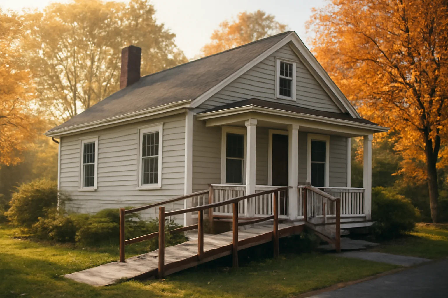 New England style group home exterior with wheelchair ramp in morning light