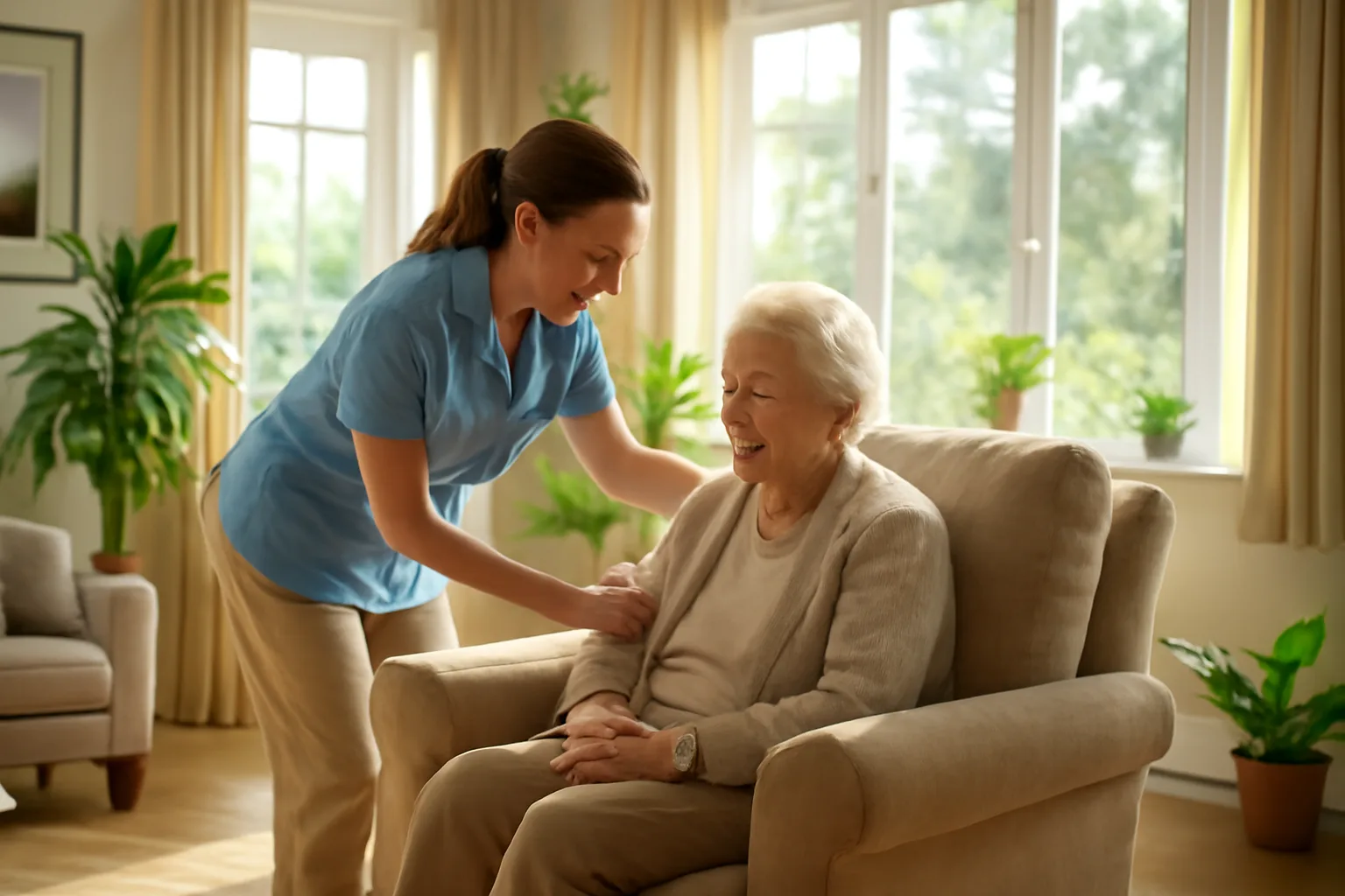 Caregiver helping a senior resident in a bright assisted living common room