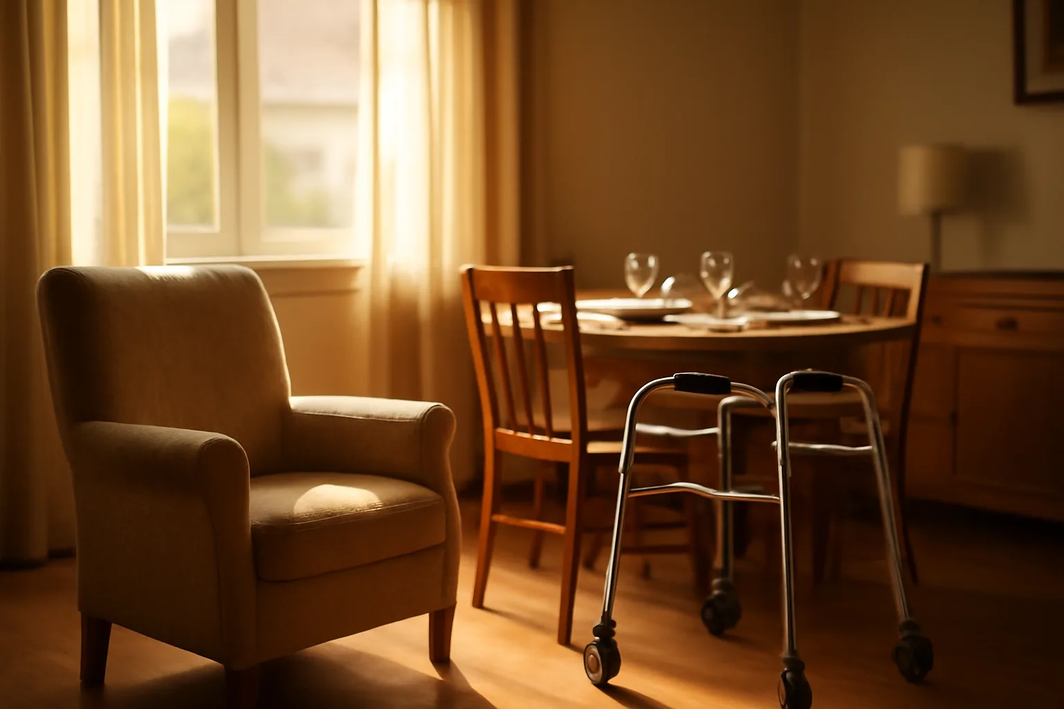 Sunlit living room in a small residential care home with an empty chair and walker