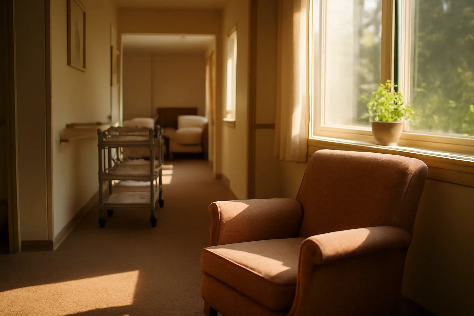 Sunlit common room in a licensed assisted living facility with an empty armchair