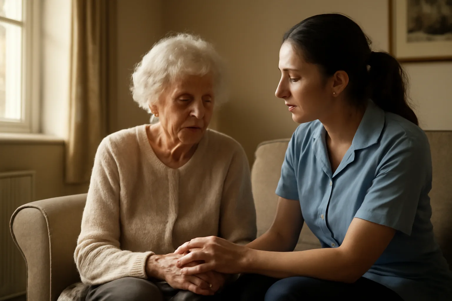 Caregiver and elderly resident sitting together in a sunlit assisted living home living room