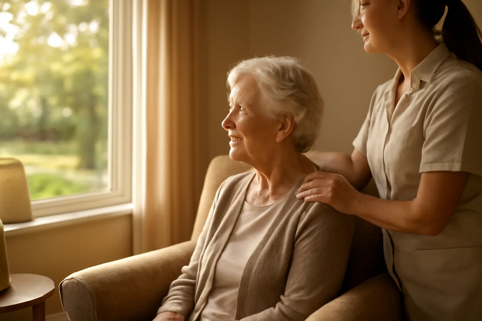 Caregiver and elderly resident in a sunlit residential assisted living home living room