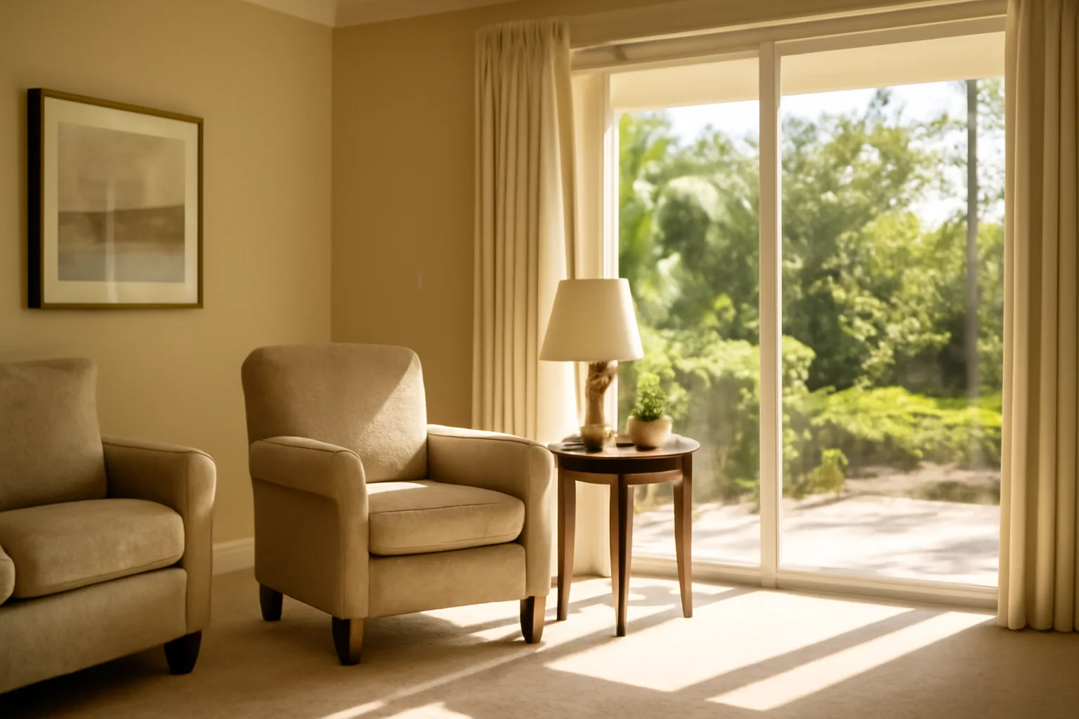 Sunlit living room in a Florida assisted living facility with an empty armchair