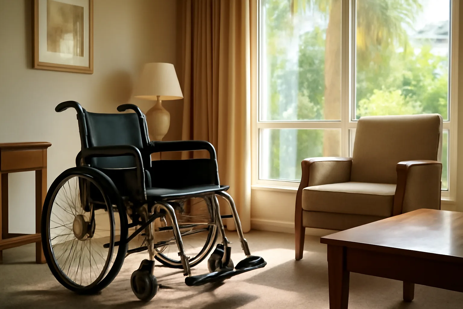 Sunlit living room in a Florida assisted living facility with an accessible armchair by a window