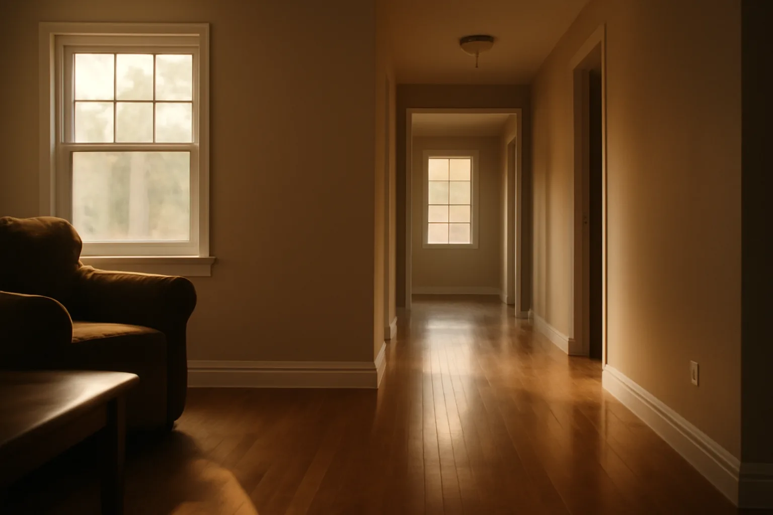 Sunlit hallway and living room inside a residential group home building in Florida