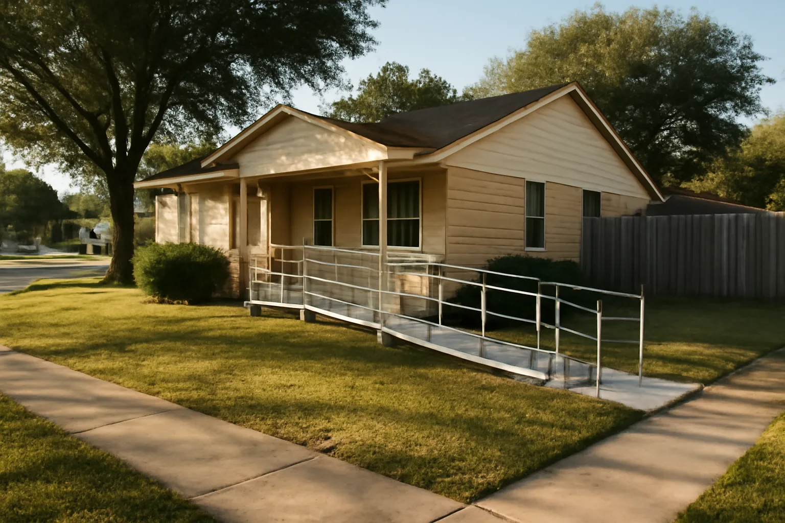 Single-story Texas ranch home with ramp representing foster care group home requirements
