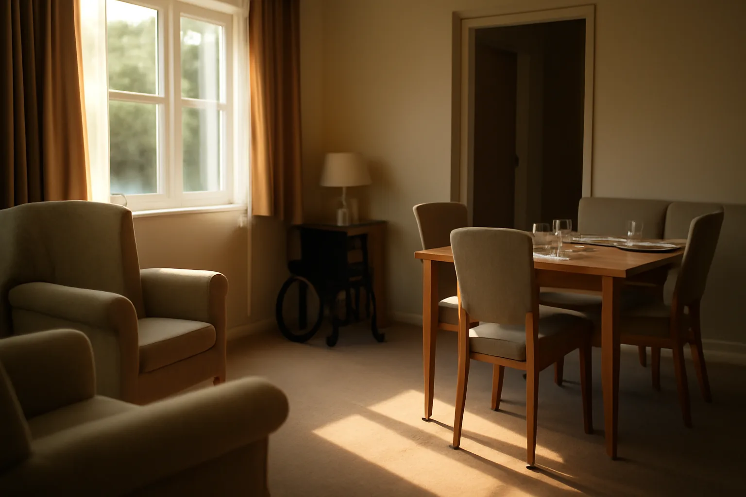 Sunlit common room in a residential assisted living facility with dining table and armchairs