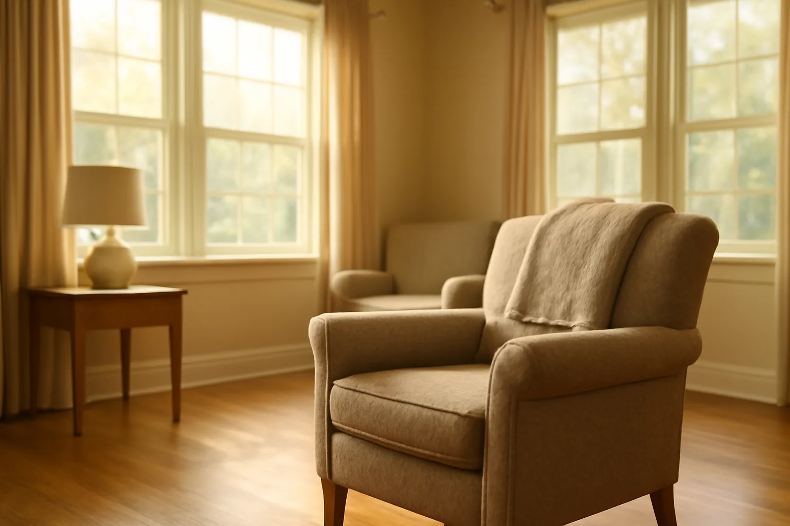 Sunlit living room in a Georgia residential assisted living community with empty armchair