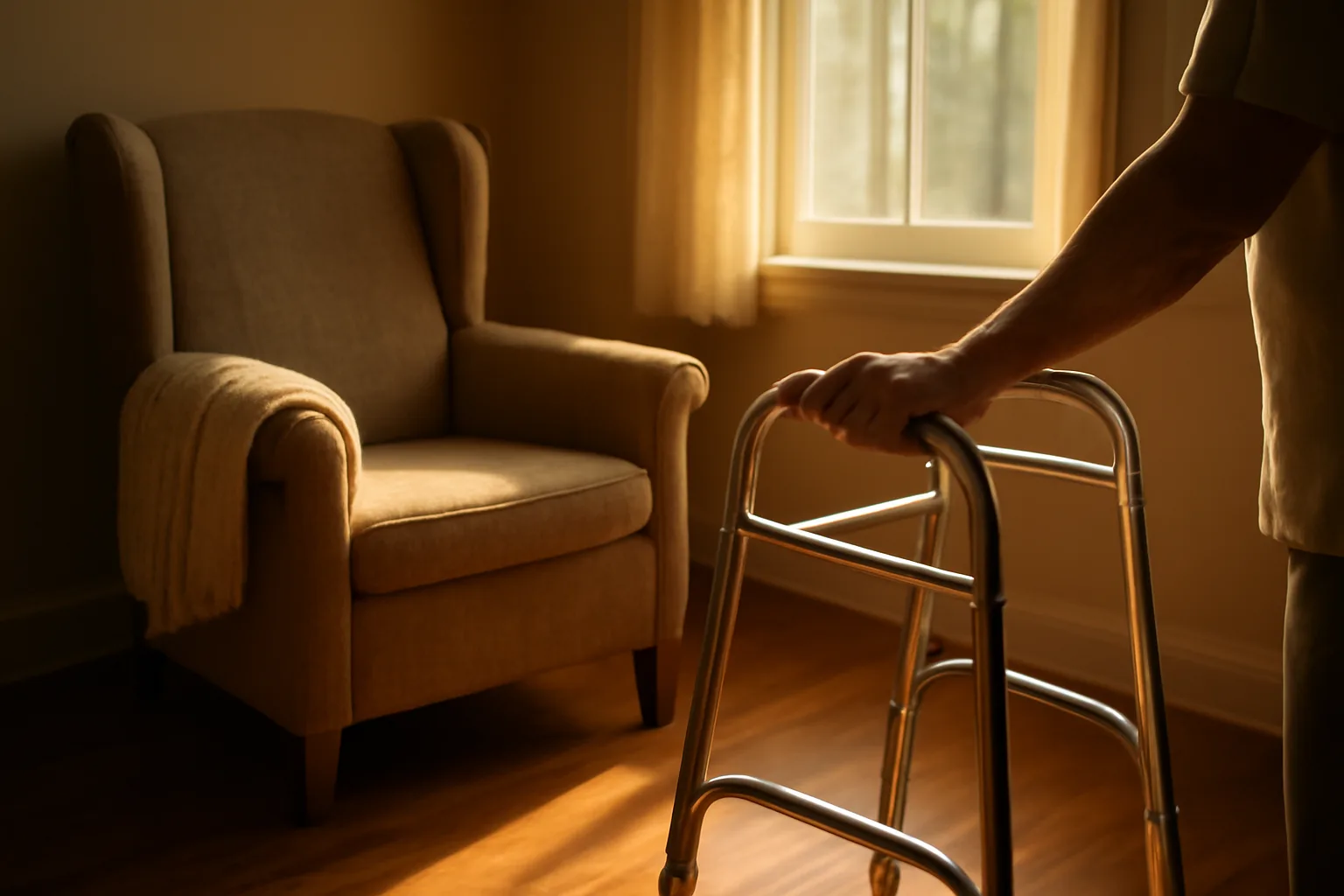 Sunlit living room in a small residential assisted living home with a walker and armchair