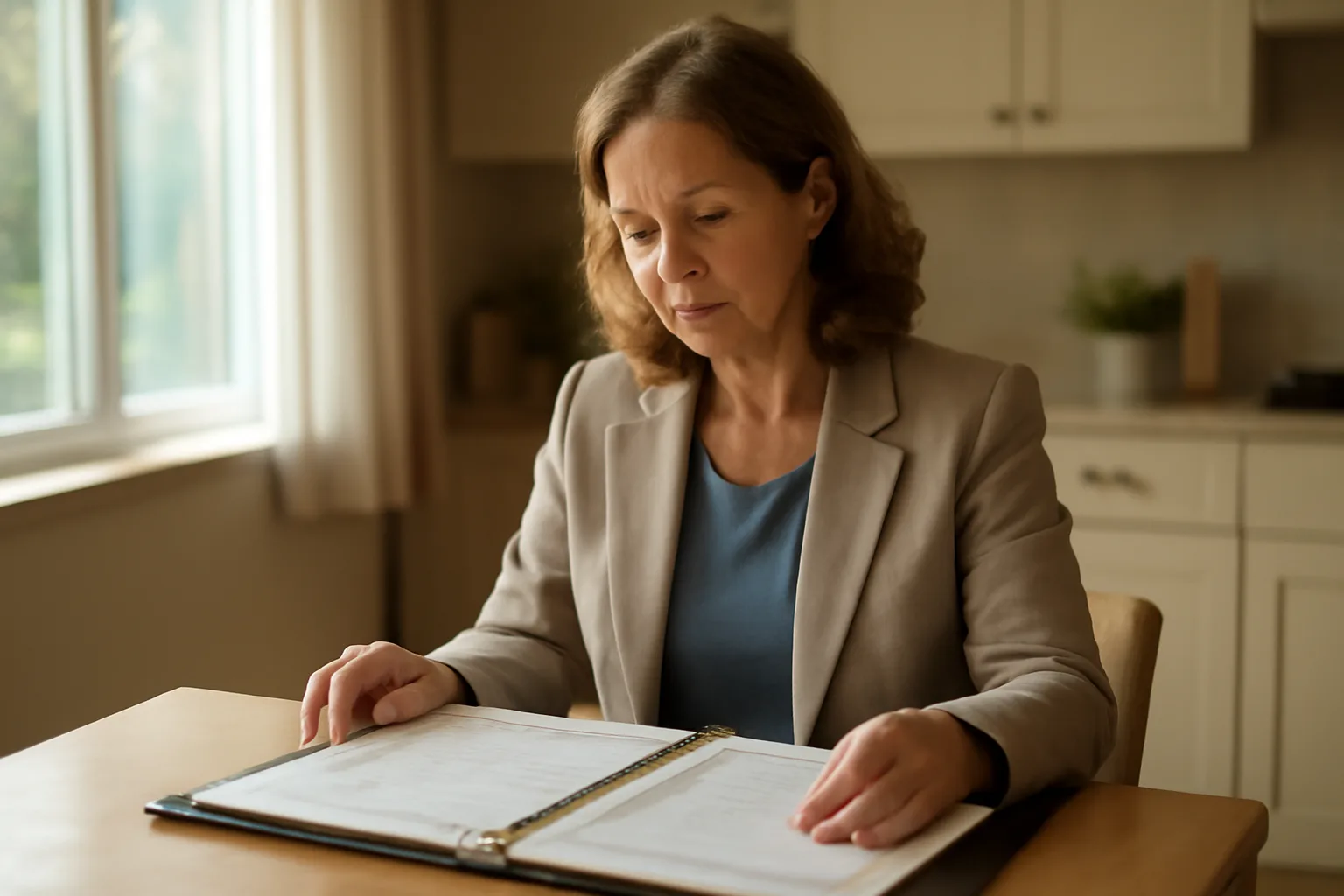 Administrator reviewing training certificates at a table in a licensed group home