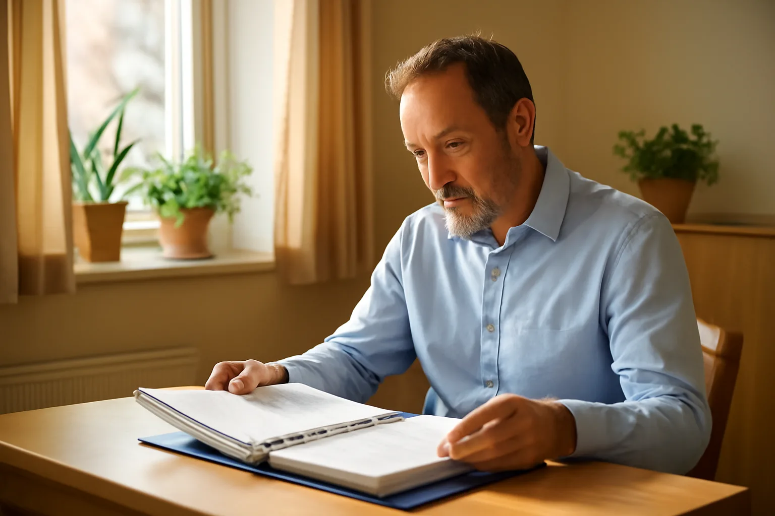 Administrator reviewing paperwork at a desk inside a licensed group home office