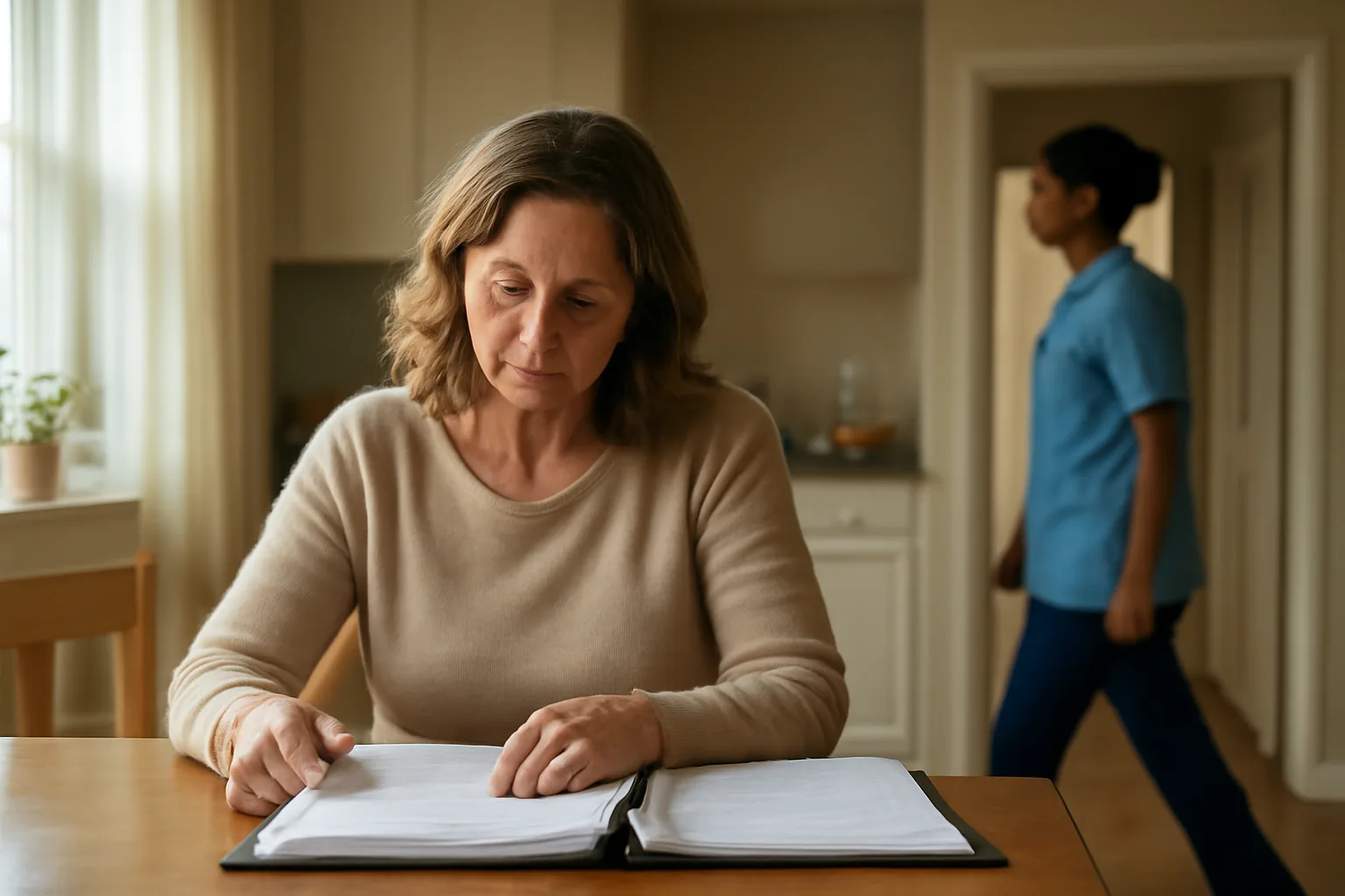 Administrator reviewing paperwork at a table inside a licensed group home