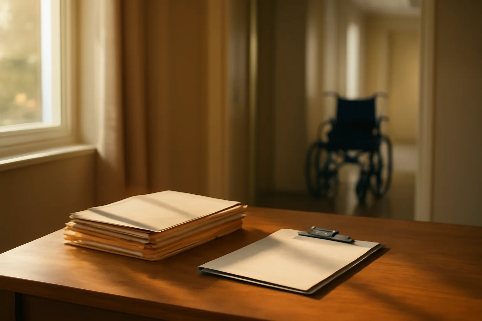 Living room table with folders prepared for a group home license application review