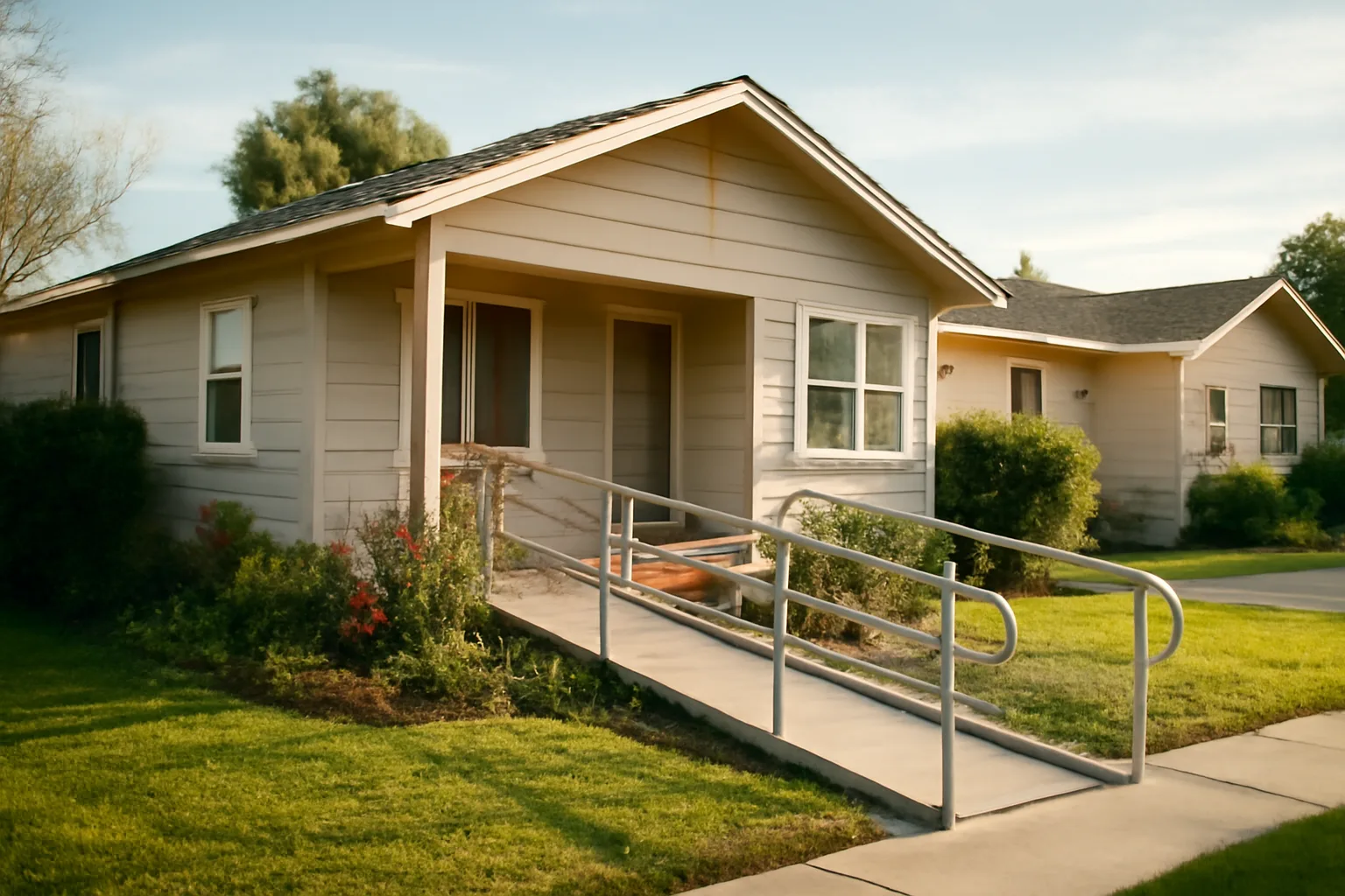 California residential group home style house with wheelchair ramp in morning light