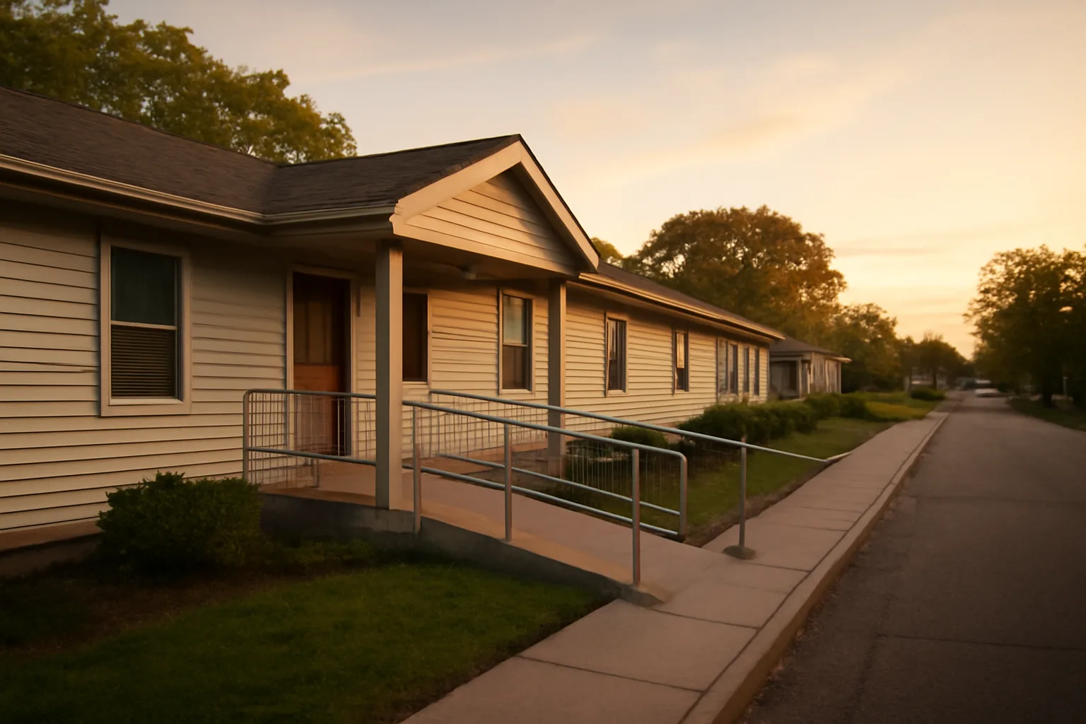 Exterior of a residential group home style house at dusk with a ramp entrance