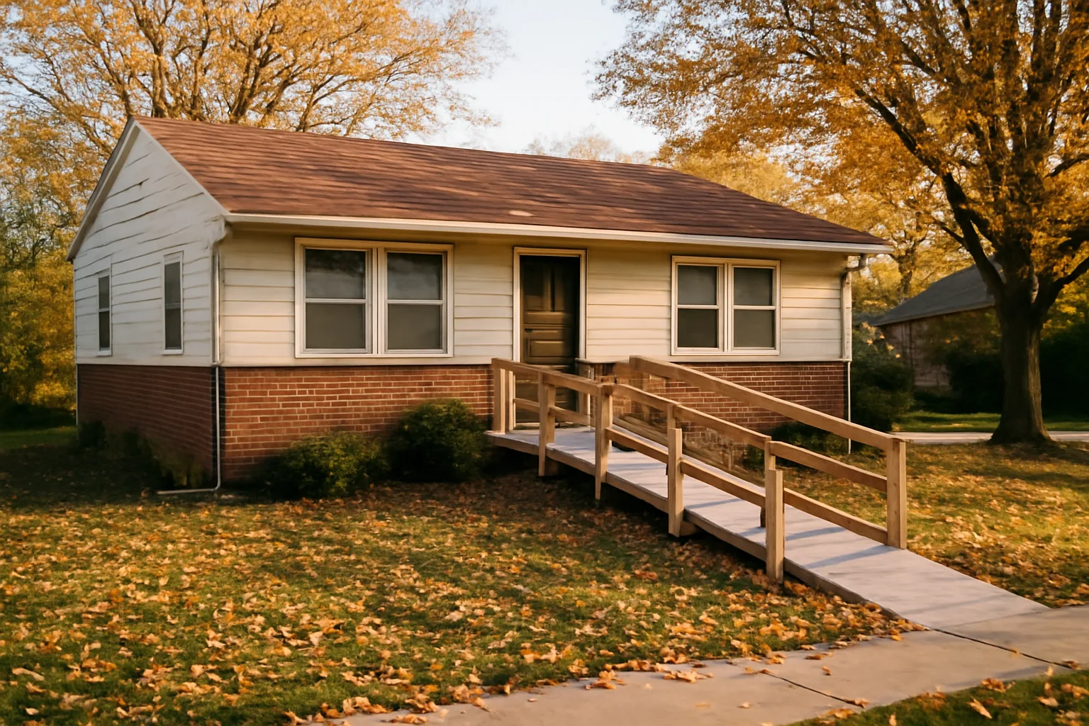 Single-family ranch house with wheelchair ramp representing group home licensing in Michigan