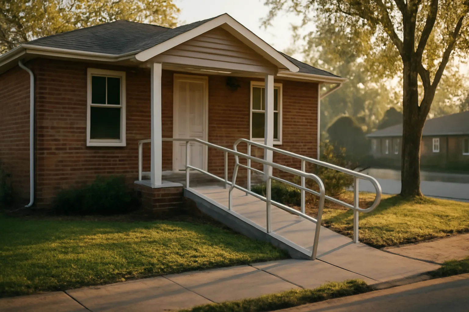 Brick residential group home with wheelchair ramp on a quiet street