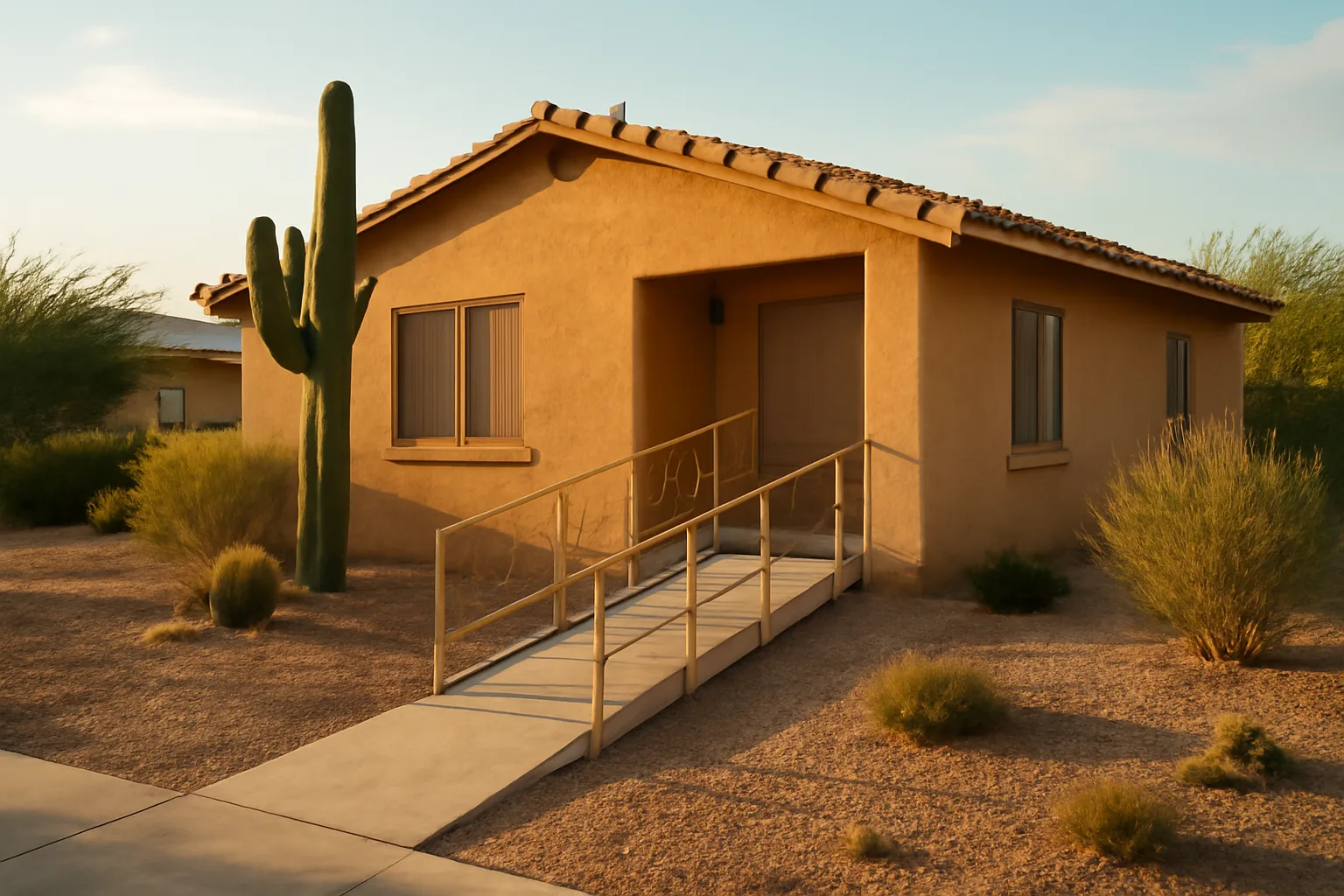 Stucco ranch house with wheelchair ramp representing an Arizona licensed group home