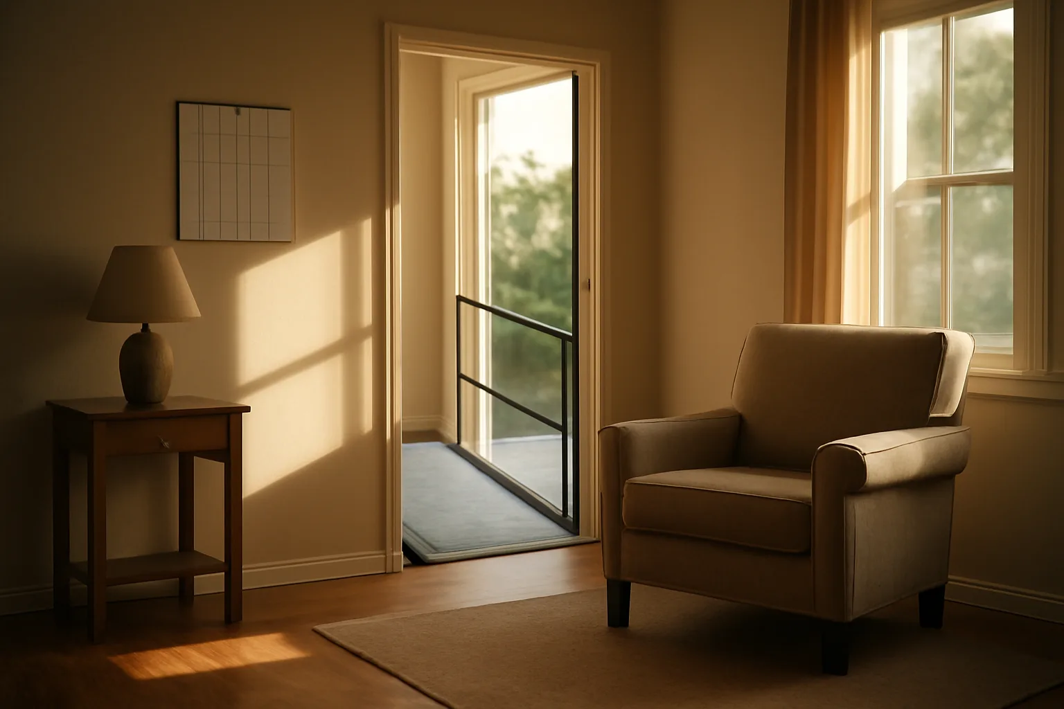 Sunlit living room in a licensed Georgia group home with wheelchair ramp visible