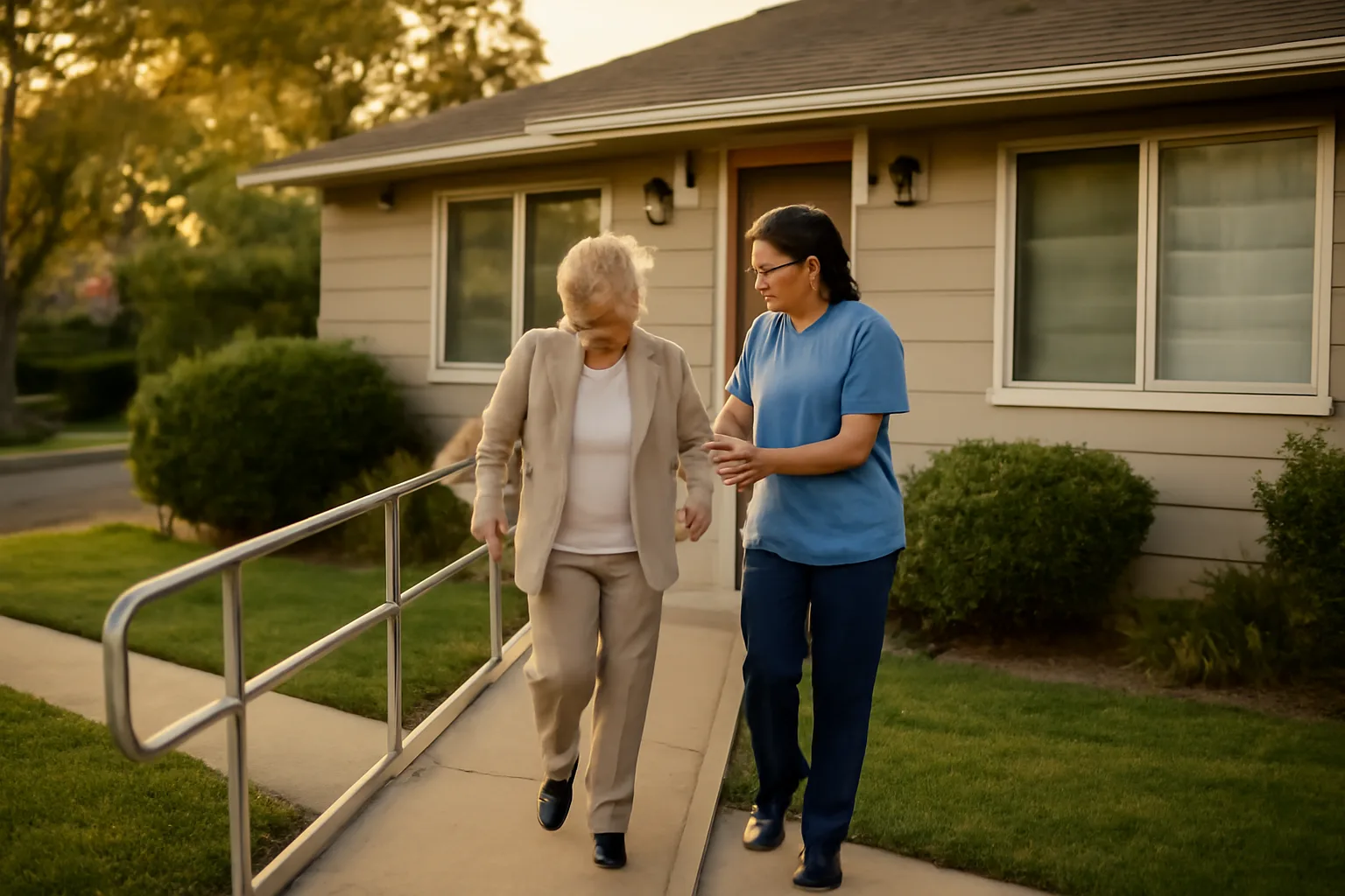 Caregiver assisting an older adult up a ramp outside a Nevada group home