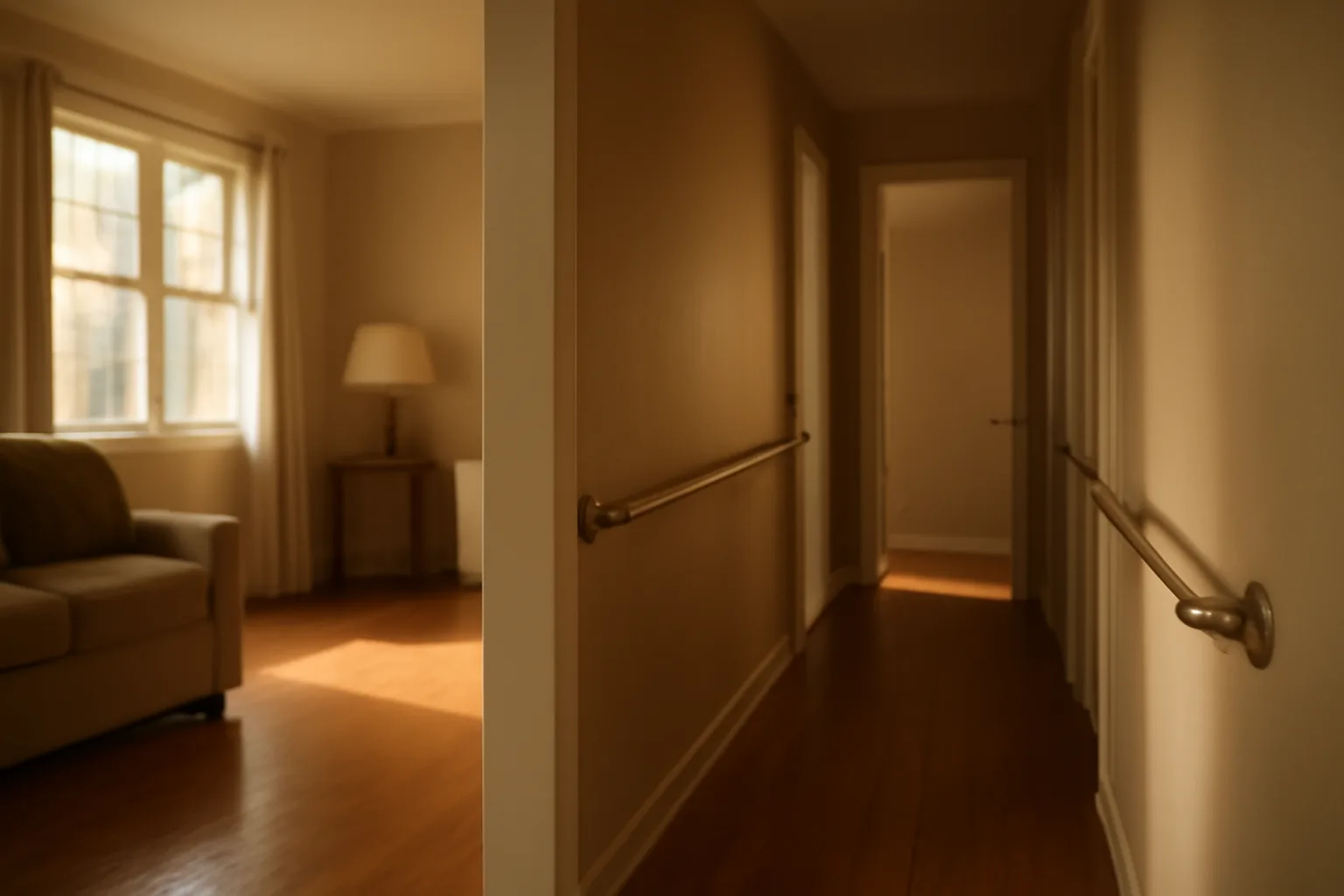 Empty accessible hallway with grab bars in a North Carolina group home residence